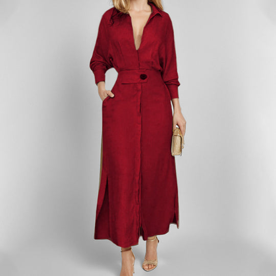 Damen elegantes Hemdblusenkleid mit Taillengürtel und seitlichen Schlitzen R&B