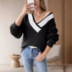 Damen oversized V-Pullover mit strukturiertem Rippstrickdesign R&B