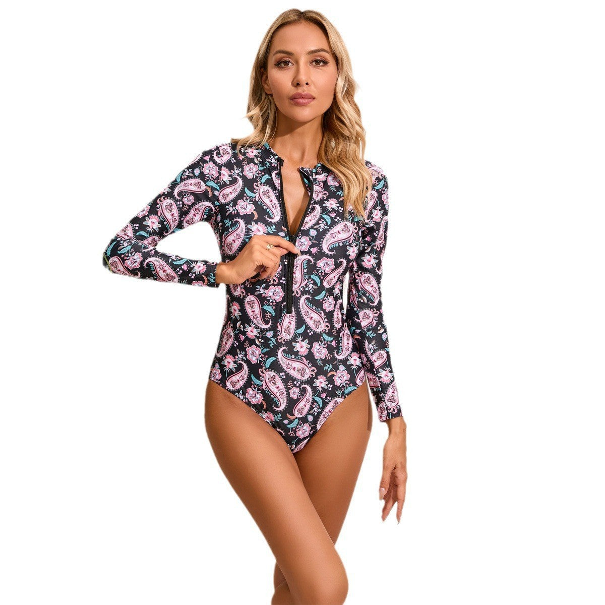 Damen Hochgeschlossener Einteiler Badeanzug mit zip und floralem Muster R&B