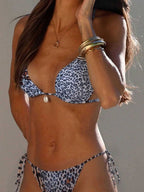 Damen Triangel-Bikini mit tierischem Druck und verspielten BindR&Bändern R&B