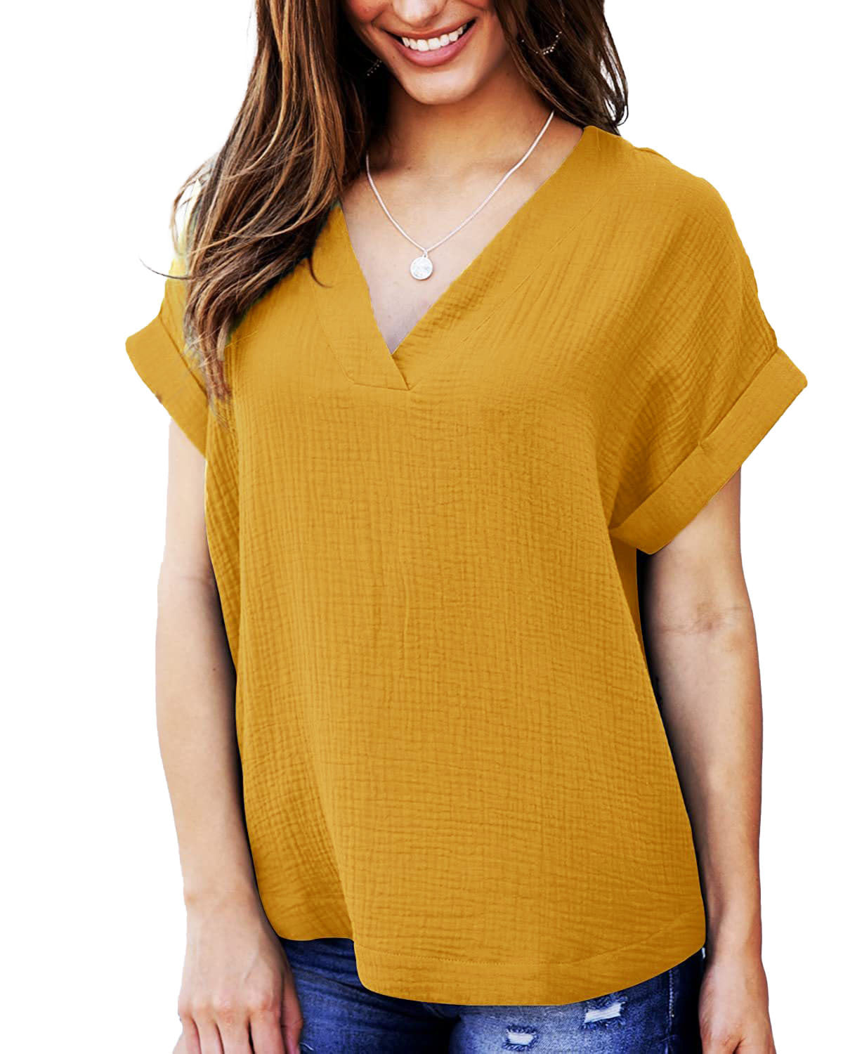Damen lässiges V-Ausschnitt T-Shirt mit luftiger Passform und umgeschlagenen Ärmeln R&B