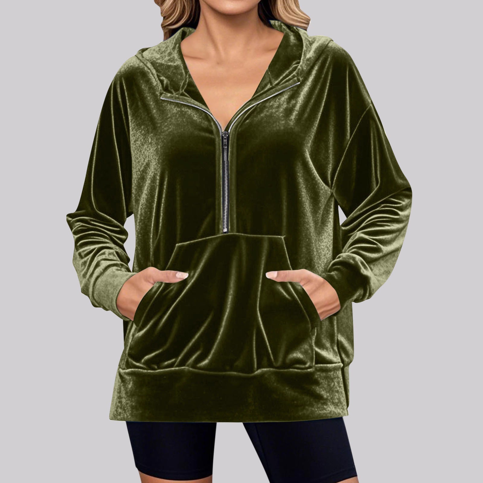 Damen Lässiger Velvet Hoodie mit praktischem Reißverschluss und Kängurutasche R&B