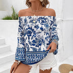 Damen Off-Shoulder Bluse mit floralen Stickereien und elastischem Bund R&B