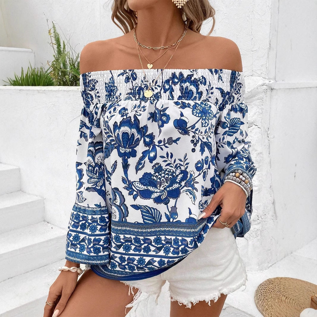 Damen Off-Shoulder Bluse mit floralen Stickereien und elastischem Bund R&B