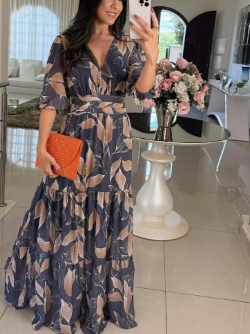 Damen Maxikleid mit buntem Blattmuster und tailliertem Gürtel R&B