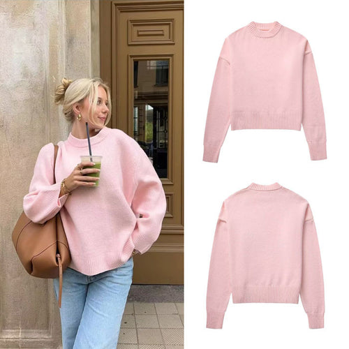 Damen grob gestrickter Pullover mit weiten Ärmeln und Rundhalsausschnitt R&B