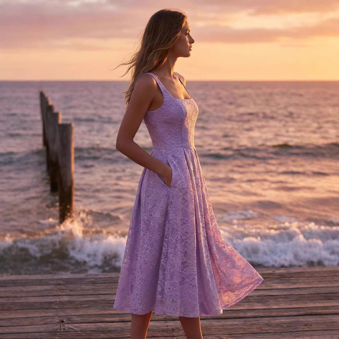 Damen Spitzen-Maxikleid im A-Linien-Stil mit tiefem Ausschnitt und taillierter Silhouette R&B