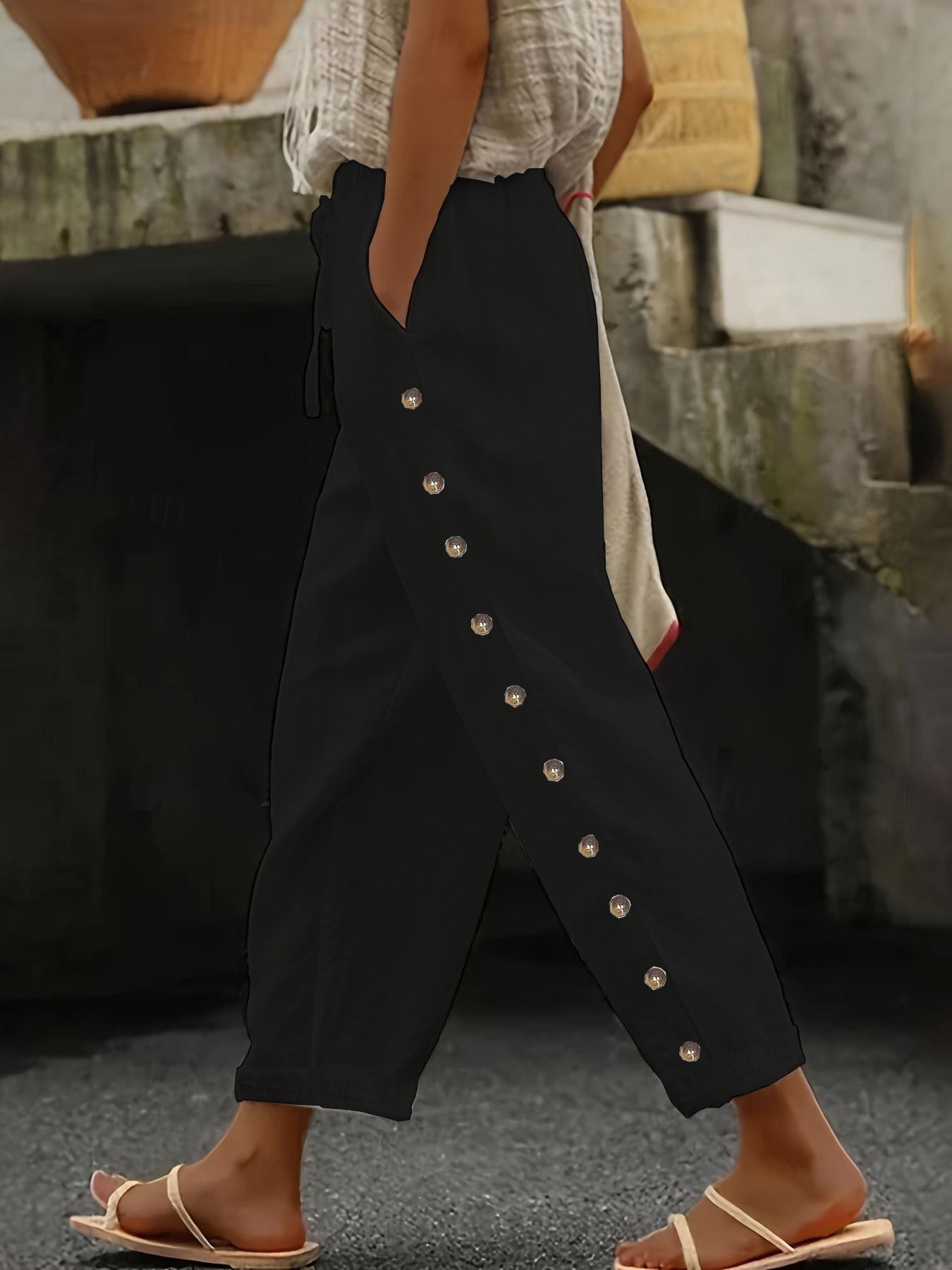 Damen Modische Palazzo-Hose mit Knopfdetails und elastischem Bund R&B