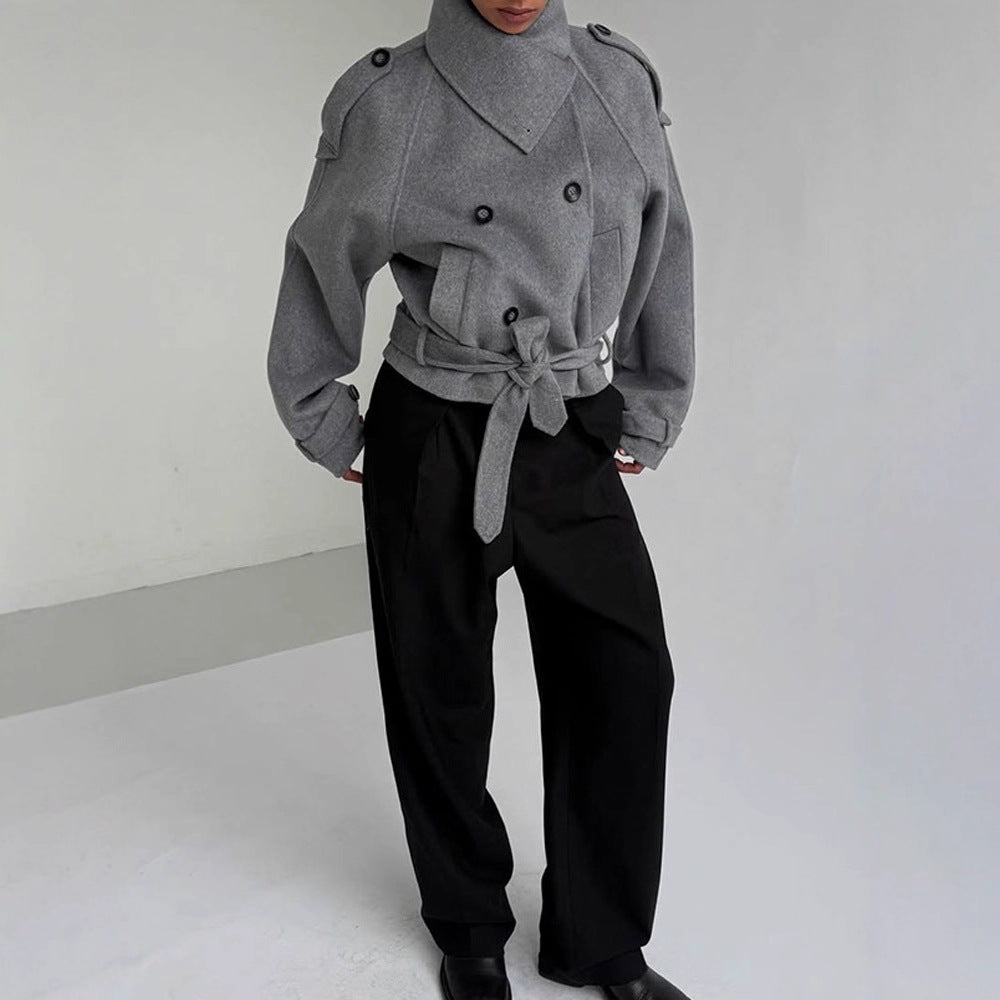 Damen modische Oversized-Wolljacke mit hohem Kragen und Gürtel R&B