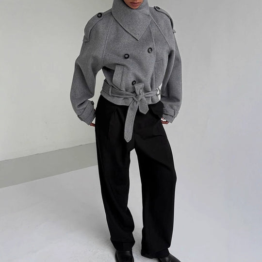 Damen modische Oversized-Wolljacke mit hohem Kragen und Gürtel R&B