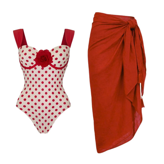 Damen Schwimmanzug mit verspieltem Punktmuster und dekorativer Rosenapplikation R&B