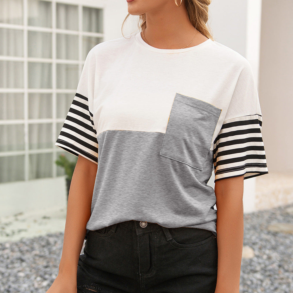 Damen modisches T-Shirt mit gestreiften Ärmeln und aufgesetzter Tasche R&B