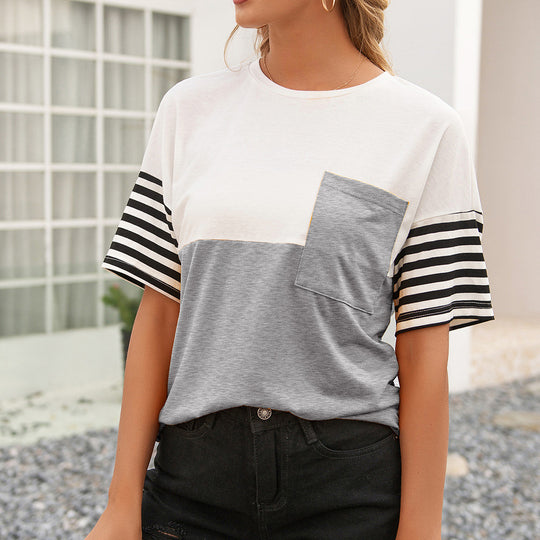 Damen modisches T-Shirt mit gestreiften Ärmeln und aufgesetzter Tasche R&B