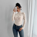 Damen nan figurbetontes durchsichtiges Langarmtop aus Netzstoff mit floraler Stickerei und Stehkragen R&B
