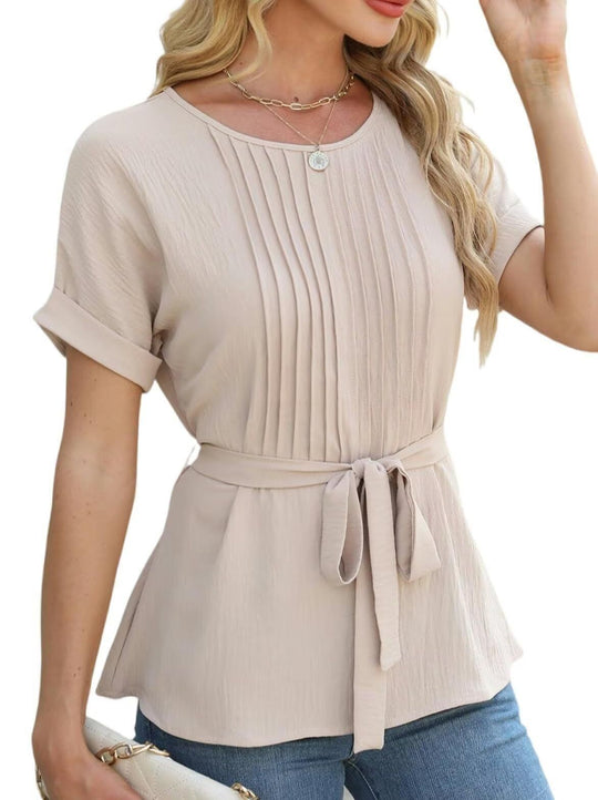 Damen elegante Bluse mit Falten-Design und Taillengürtel R&B