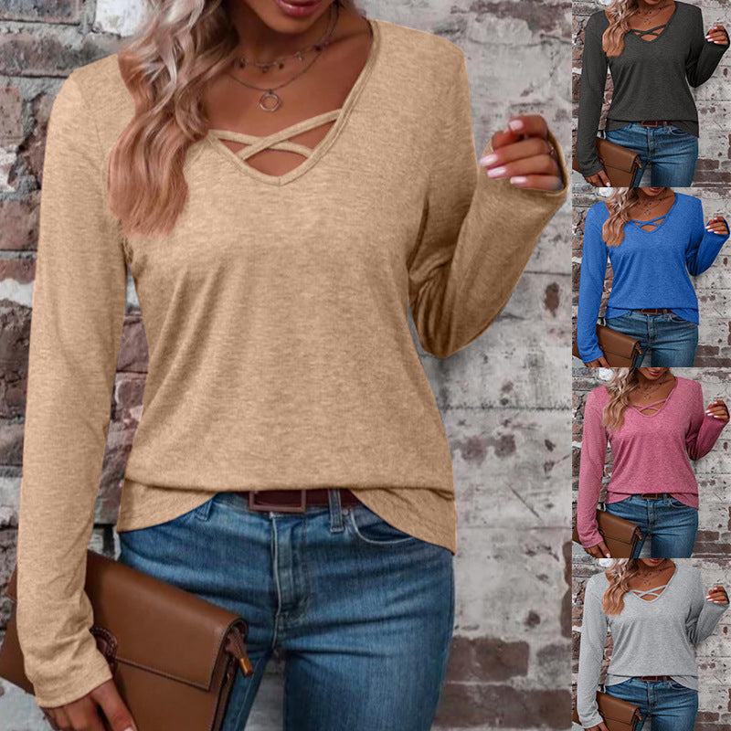 Damen langärmliges Shirt mit Kreuz-Ausschnitt R&B