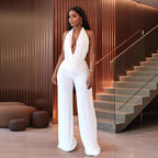Damen Eleganter Jumpsuit mit tiefem Ausschnitt und fließendem Stoff R&B