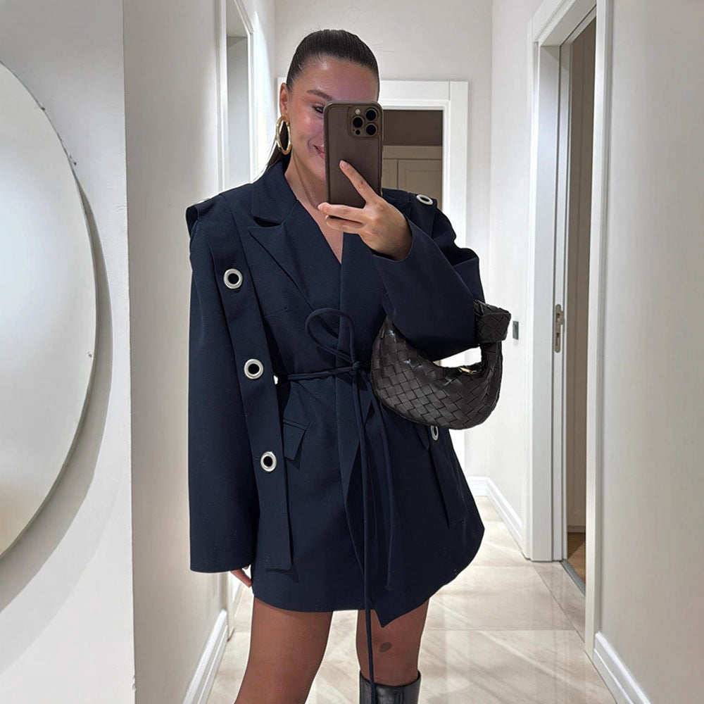 Damen Oversized Blazerjacke mit modischen Bindetail und großen Knöpfen R&B