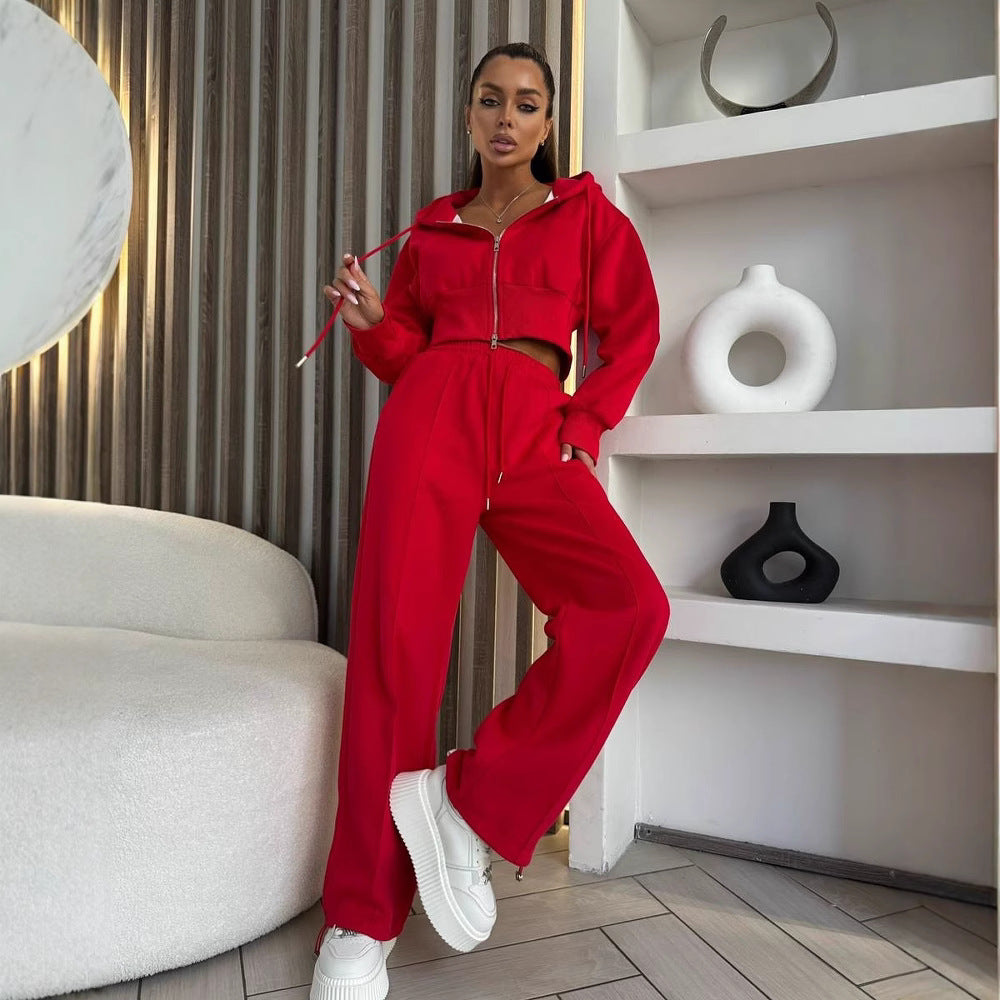 Damen sportliches Set aus cropped Kapuzenjacke und bequemen, lockeren Sporthosen R&B