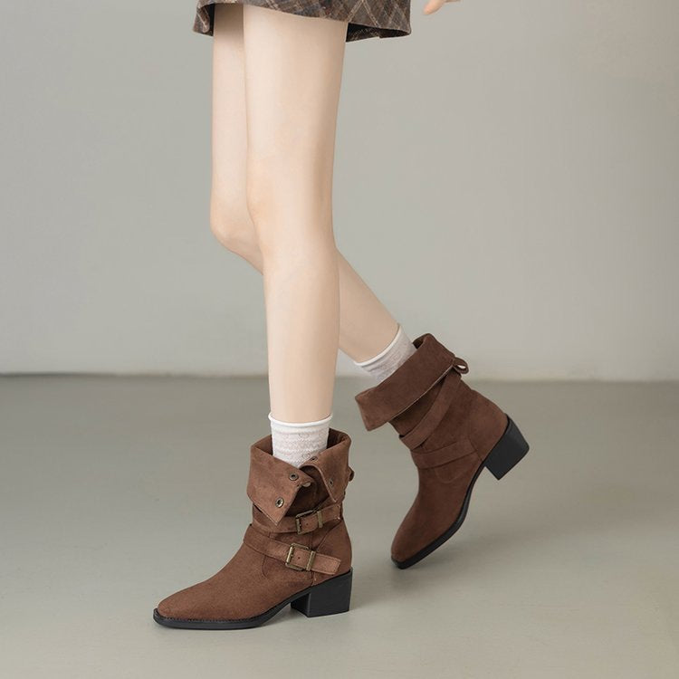 Damen Modische Stiefel mit auffälligem Schnallen-Design und bequemem Blockabsatz R&B