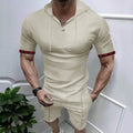 Herren sportliches Kurzarm-Hemden- und Shorts-Set mit Kapuze und kontrastierenden Ärmelabschlüssen