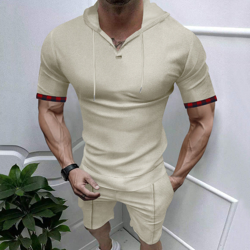 Herren sportliches Kurzarm-Hemden- und Shorts-Set mit Kapuze und kontrastierenden Ärmelabschlüssen