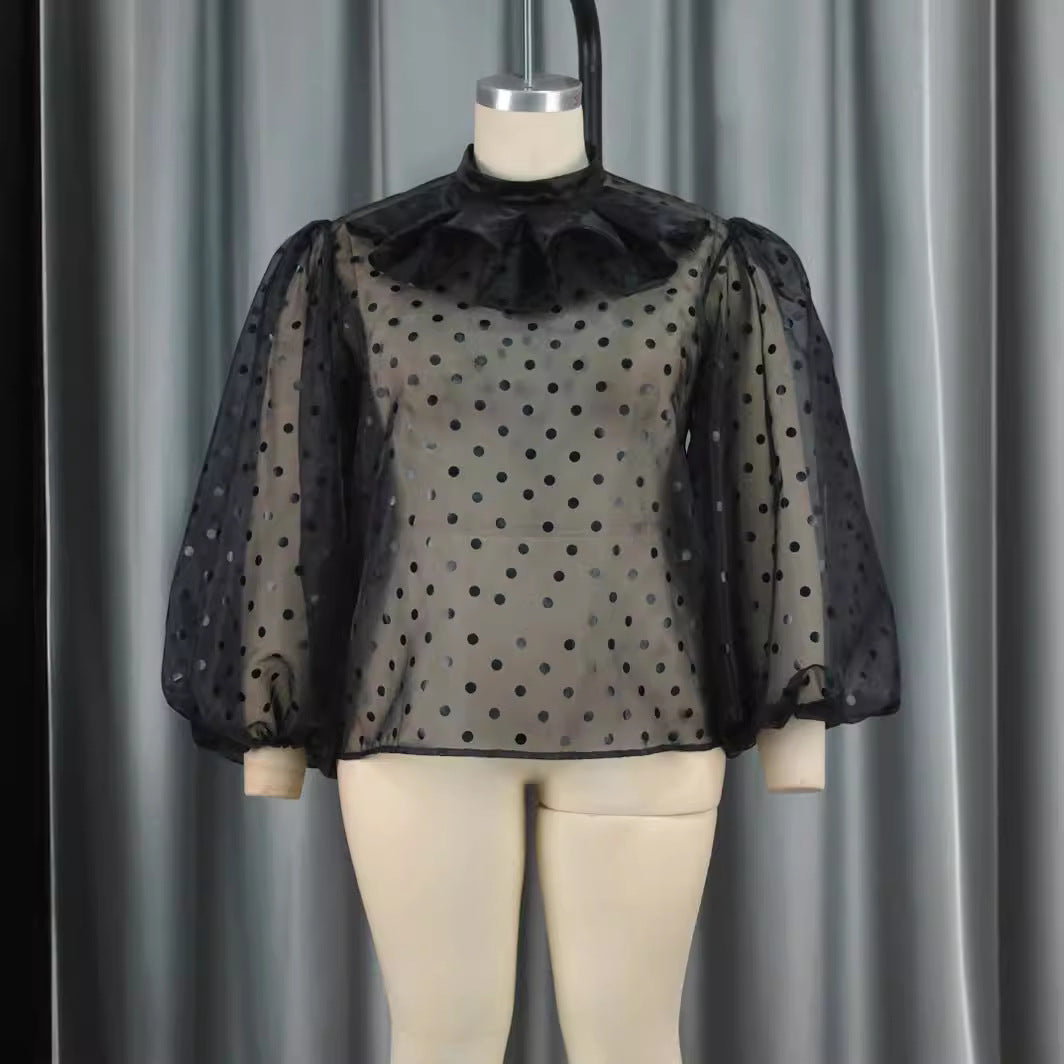 Damen Bluse mit voluminösen Puffärmeln und Polka-Dots R&B