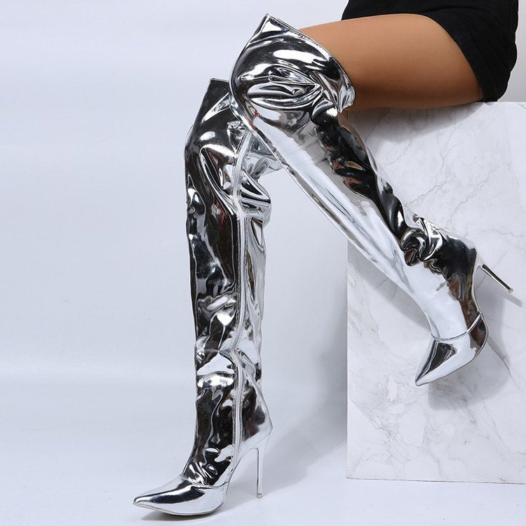 Damen Hohe Stiefel aus glänzendem Material mit spitzem Absatz R&B