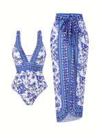 Damen eleganter Einteiler Badeanzug mit passendem Wickelrock R&B
