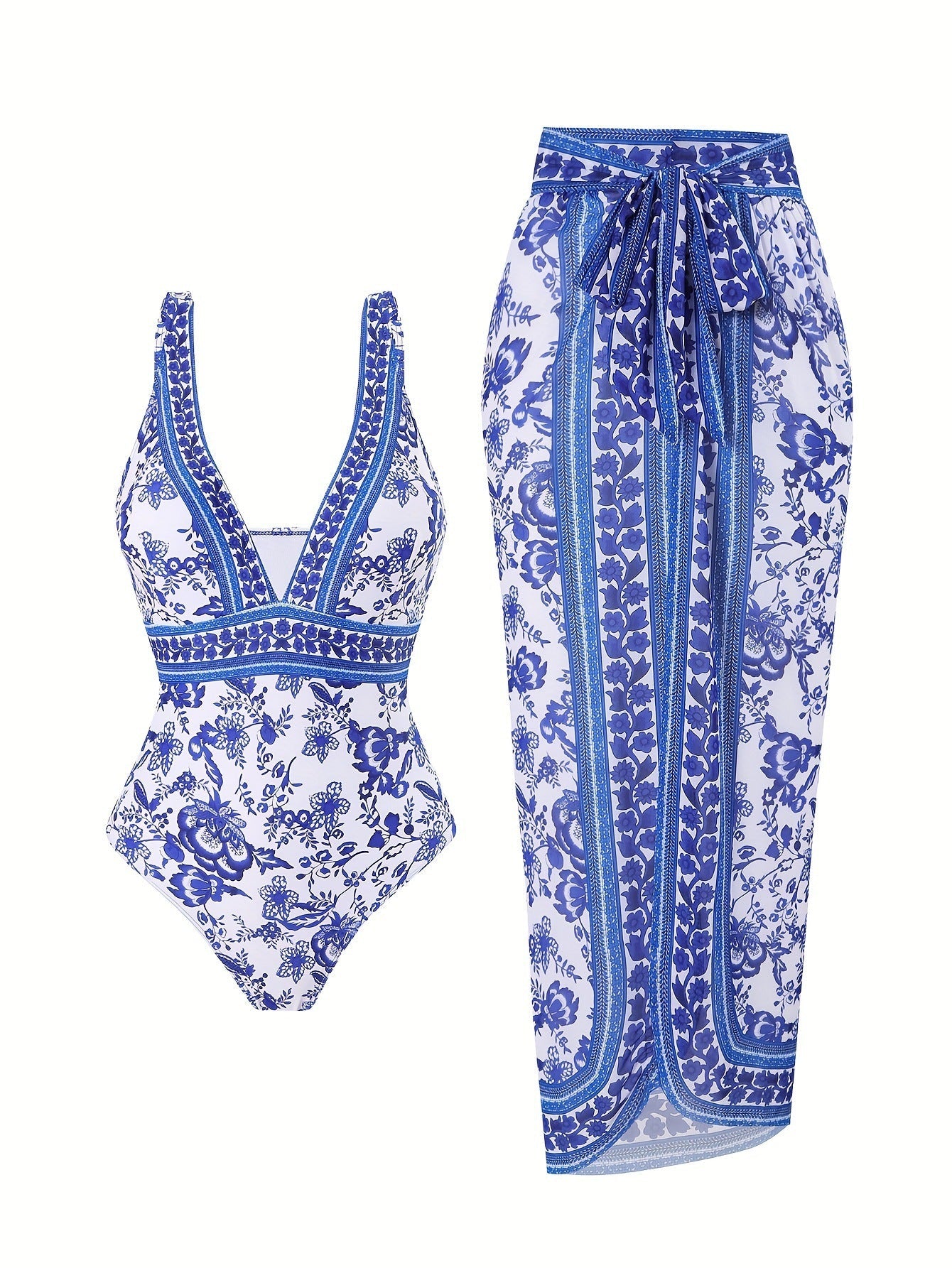 Damen eleganter Einteiler Badeanzug mit passendem Wickelrock R&B