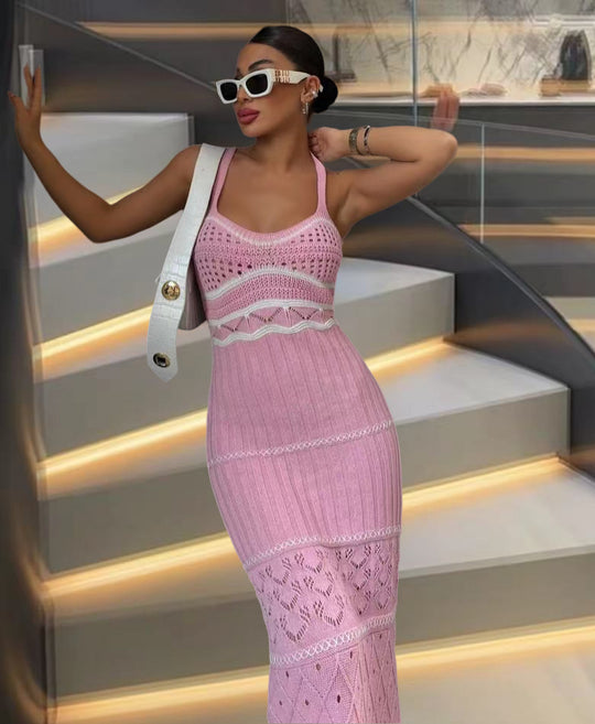 Damen Strick-Maxikleid mit raffinierten Häkelmustern und seitlichem Schlitz R&B