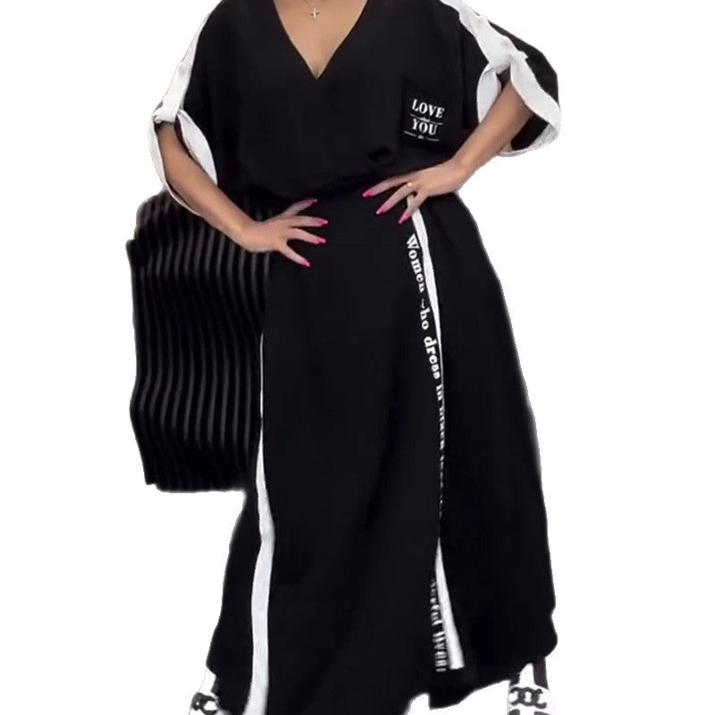 Damen nan sportlich-elegantes Maxikleid mit V-Ausschnitt, Taillengürtel, Kontrastseitenband und Brusttasche R&B