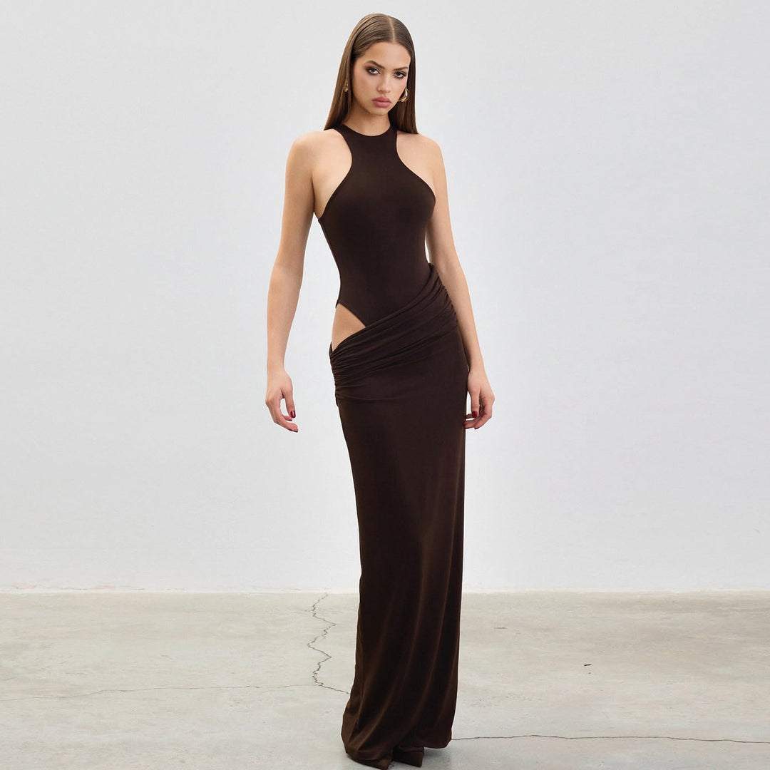Damen Maxikleid mit elegantem Wickeldesign und hohem Kragen R&B