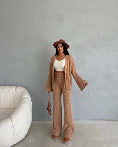 Damen Strick-Loungewear-Set mit weiten Ärmeln und Knopfleiste R&B
