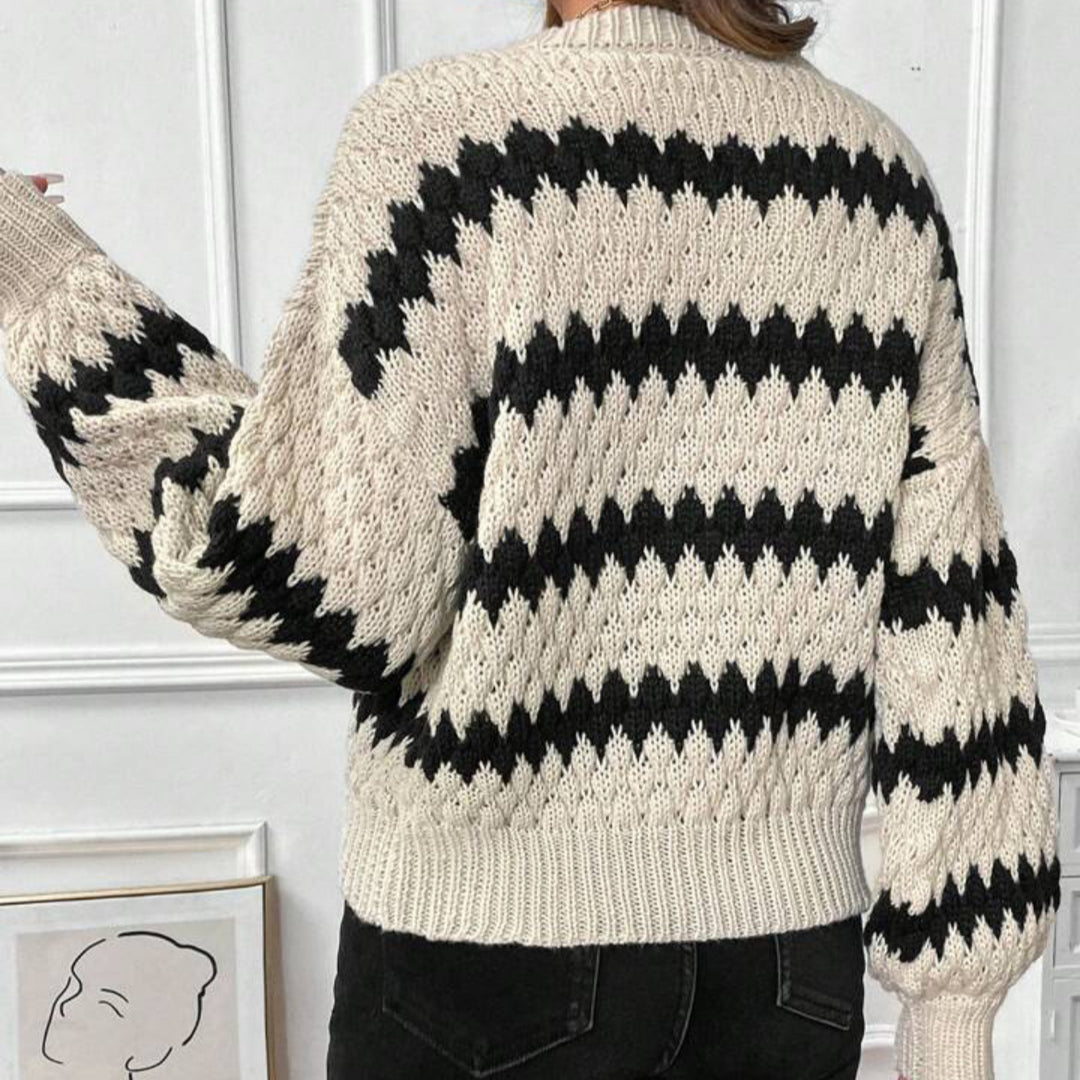 Damen Grobstrickpullover mit geometrischem Muster und voluminösen Ärmeln R&B