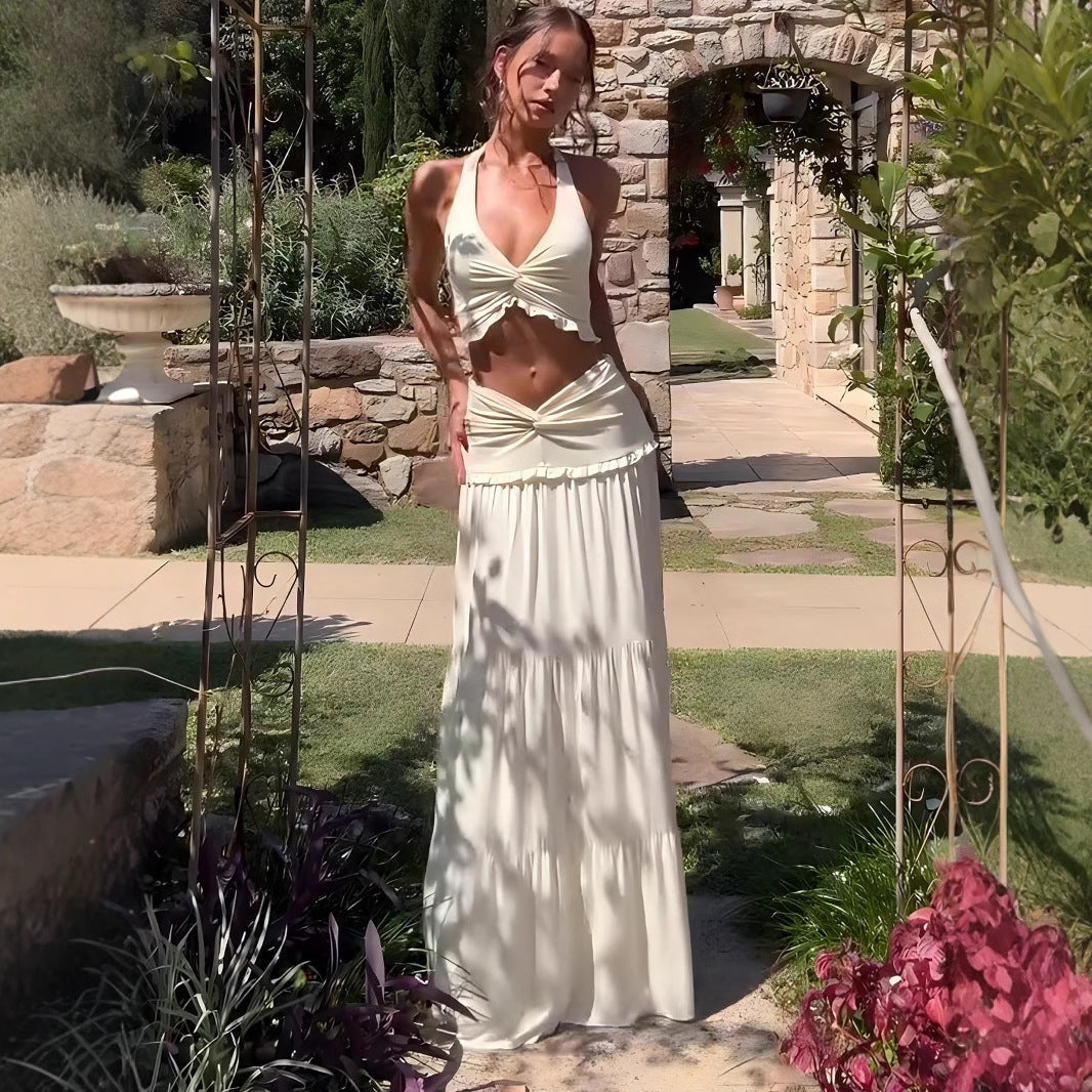 Damen Zweiteiliges Sommerkleid mit raffiniertem Oberteil und fließendem Rock R&B