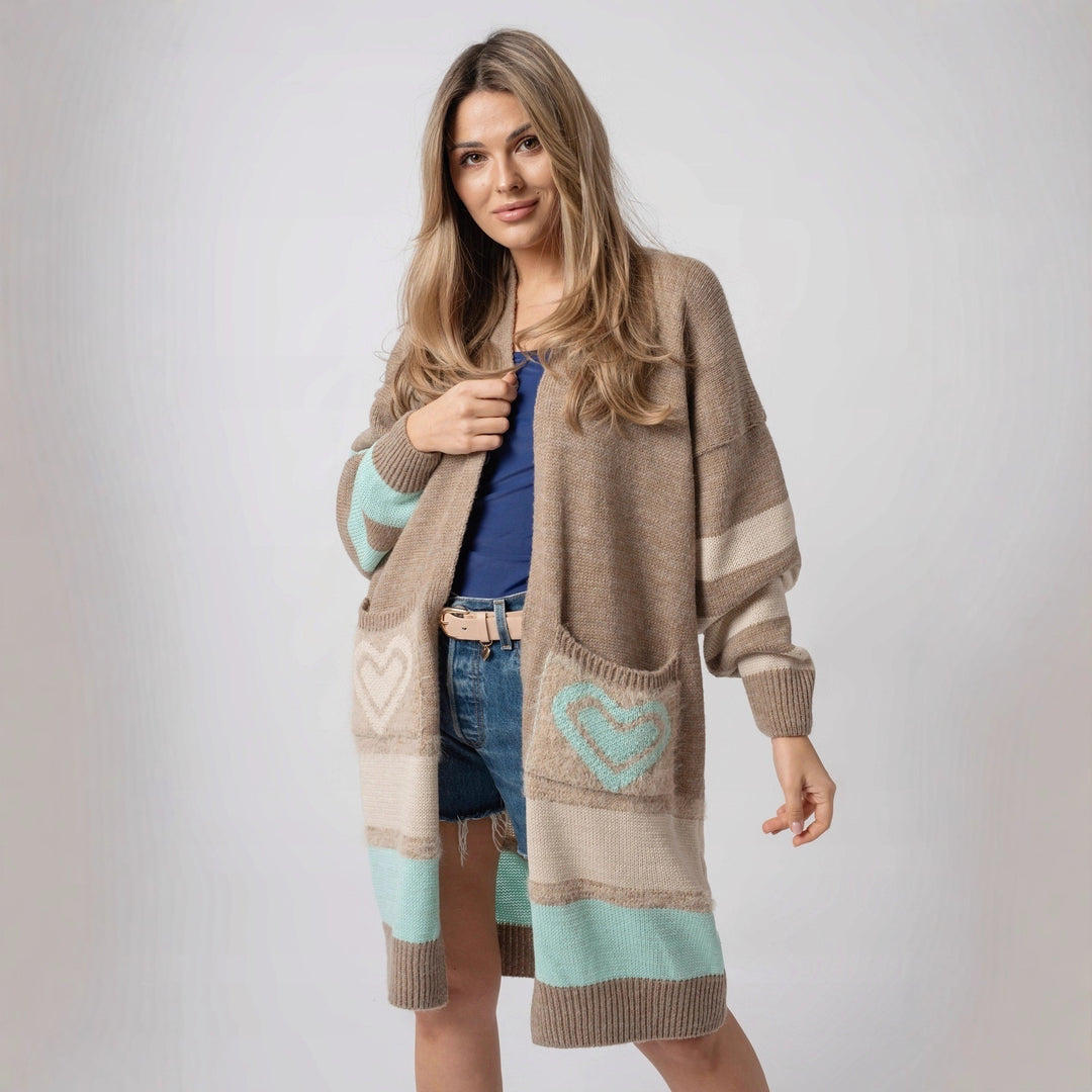 Damen Langärmliger Strickcardigan mit herzförmigen Taschen und modernem Farbblocking R&B