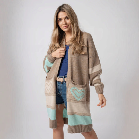 Damen Langärmliger Strickcardigan mit herzförmigen Taschen und modernem Farbblocking R&B