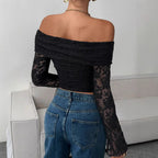 Damen Off-Shoulder Spitzenoberteil mit langem Arm und Rüschendetails R&B
