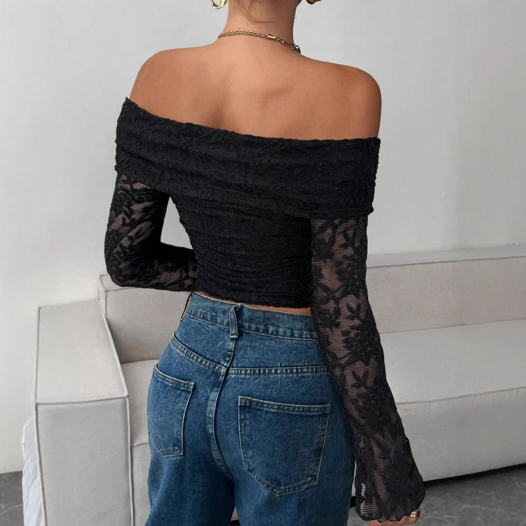 Damen Off-Shoulder Spitzenoberteil mit langem Arm und Rüschendetails R&B