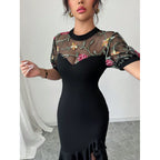 Damen Elegantes Wickelkleid mit transparenter Spitzenblende und Rüschendetails R&B