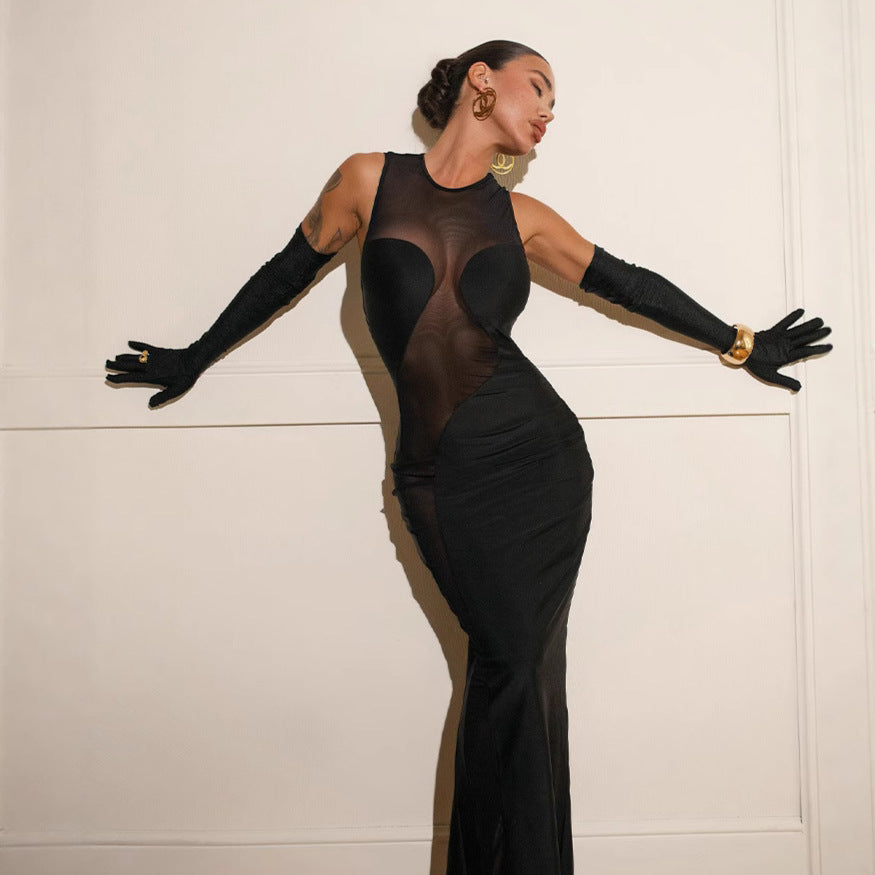 Damen Maxi-Kleid mit transparenten Einsätzen und figurformendem Schnitt R&B