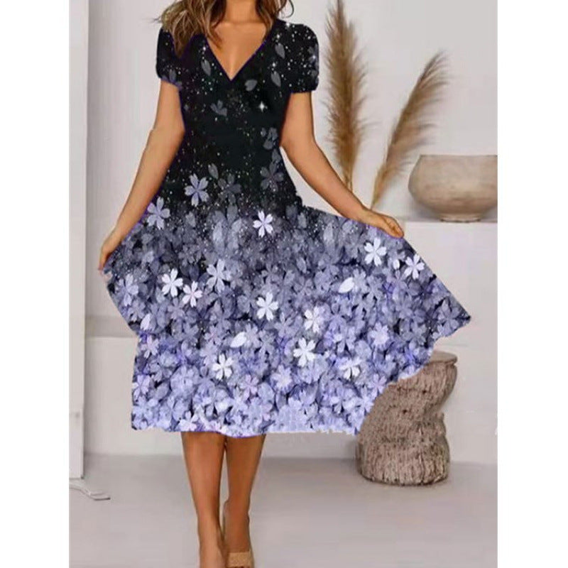 Damen A-Linie Sommerkleid mit V-Ausschnitt und floralen Akzenten R&B