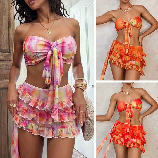 Damen Bandeau-Bikini-Set mit Rüschen und Wickeltuch R&B
