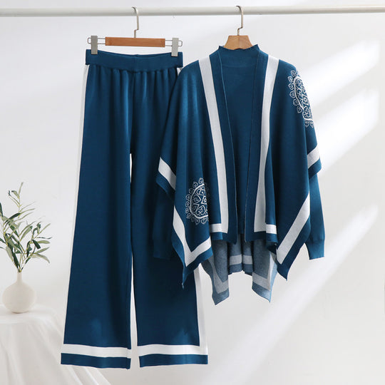 Damen elegantes Strick-Loungewear-Set mit grafischem Muster und weiten Ärmeln R&B