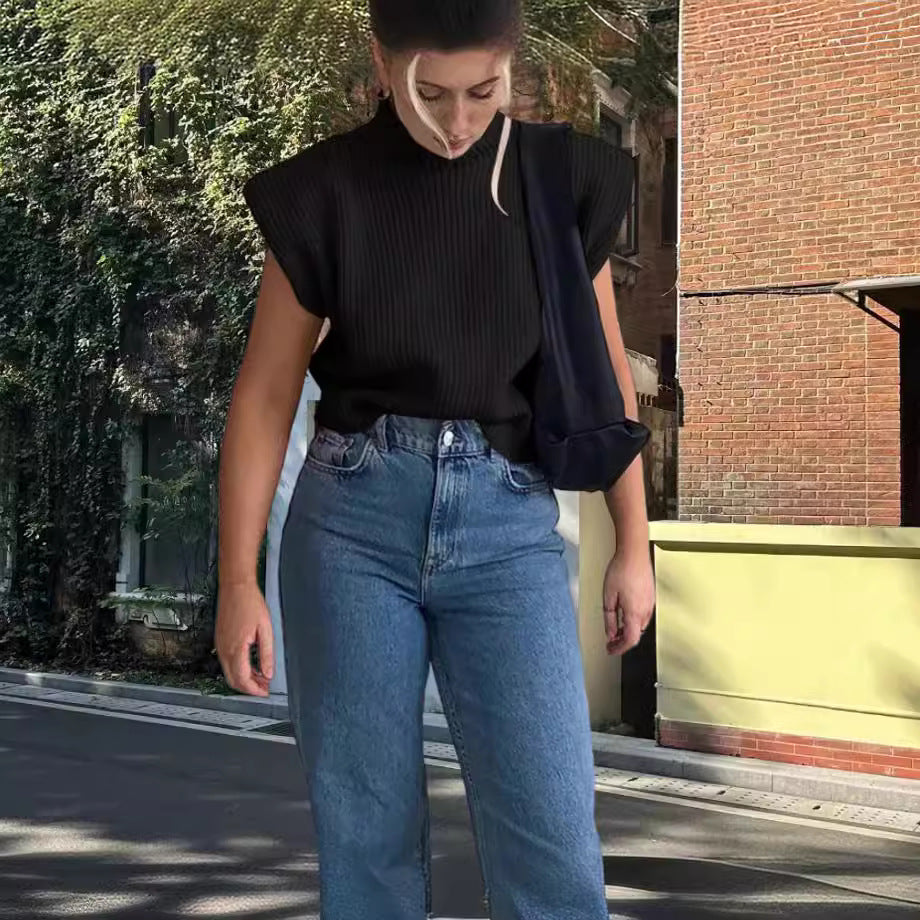 Damen Stricktop mit Stehkragen und Puffärmeln R&B