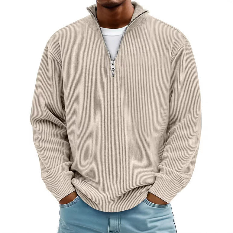 Herren nan gerippter Strickpullover mit halbem Reißverschluss und Stehkragen R&B