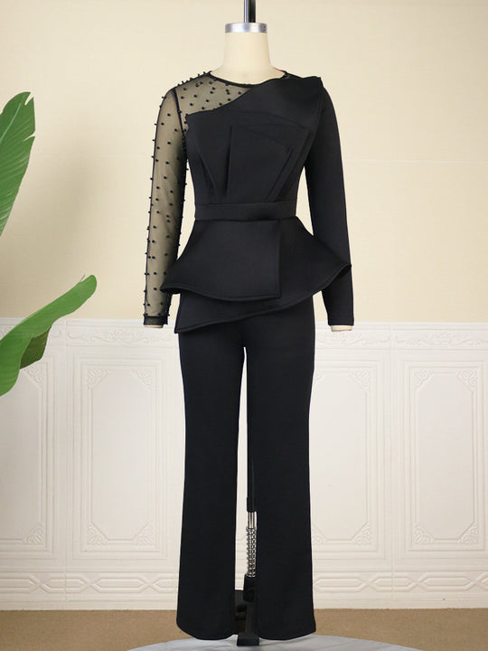 Damen Eleganter Jumpsuit mit transparenten Puffärmeln und tiefem V-Ausschnitt R&B