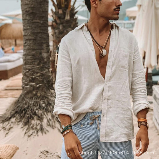 Herren Leichtes Leinenhemd mit modernem Kragen und lässigem Design R&B
