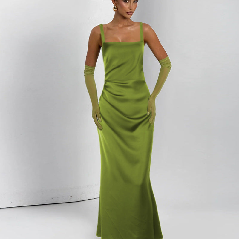 Damen Elegantes Satin-Maxikleid mit schmalen Trägern R&B